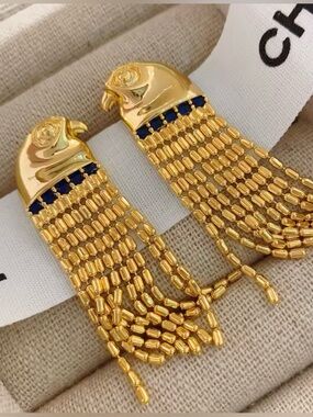 Anthropologie Gold and Navy Beaded Fringe Parrot Earrings